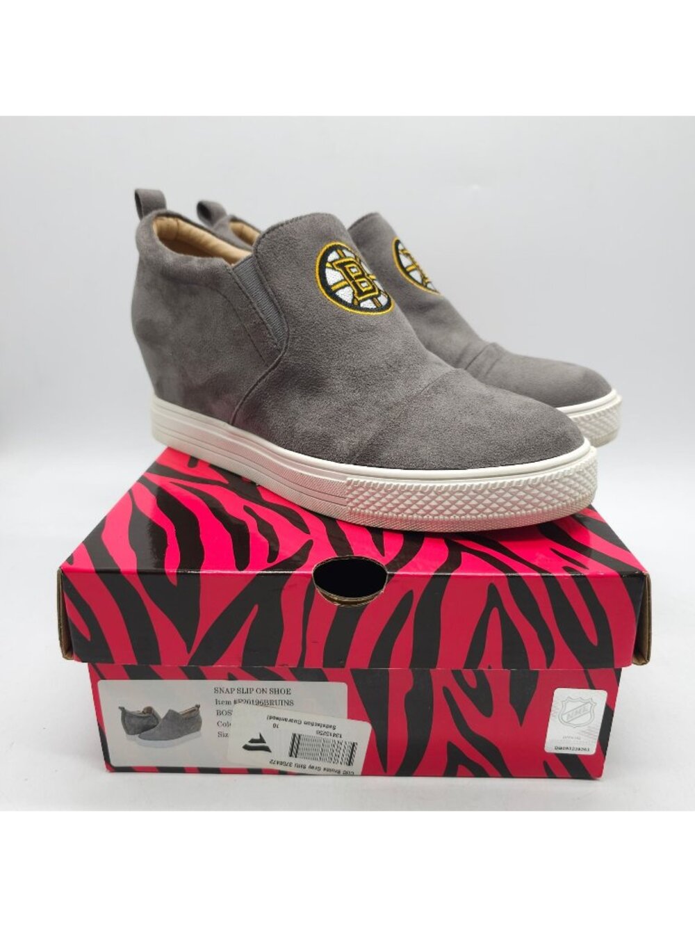 Boston Bruins Womens Gray Slip-On Wedge Sneakers NHL Official With Box Size 10